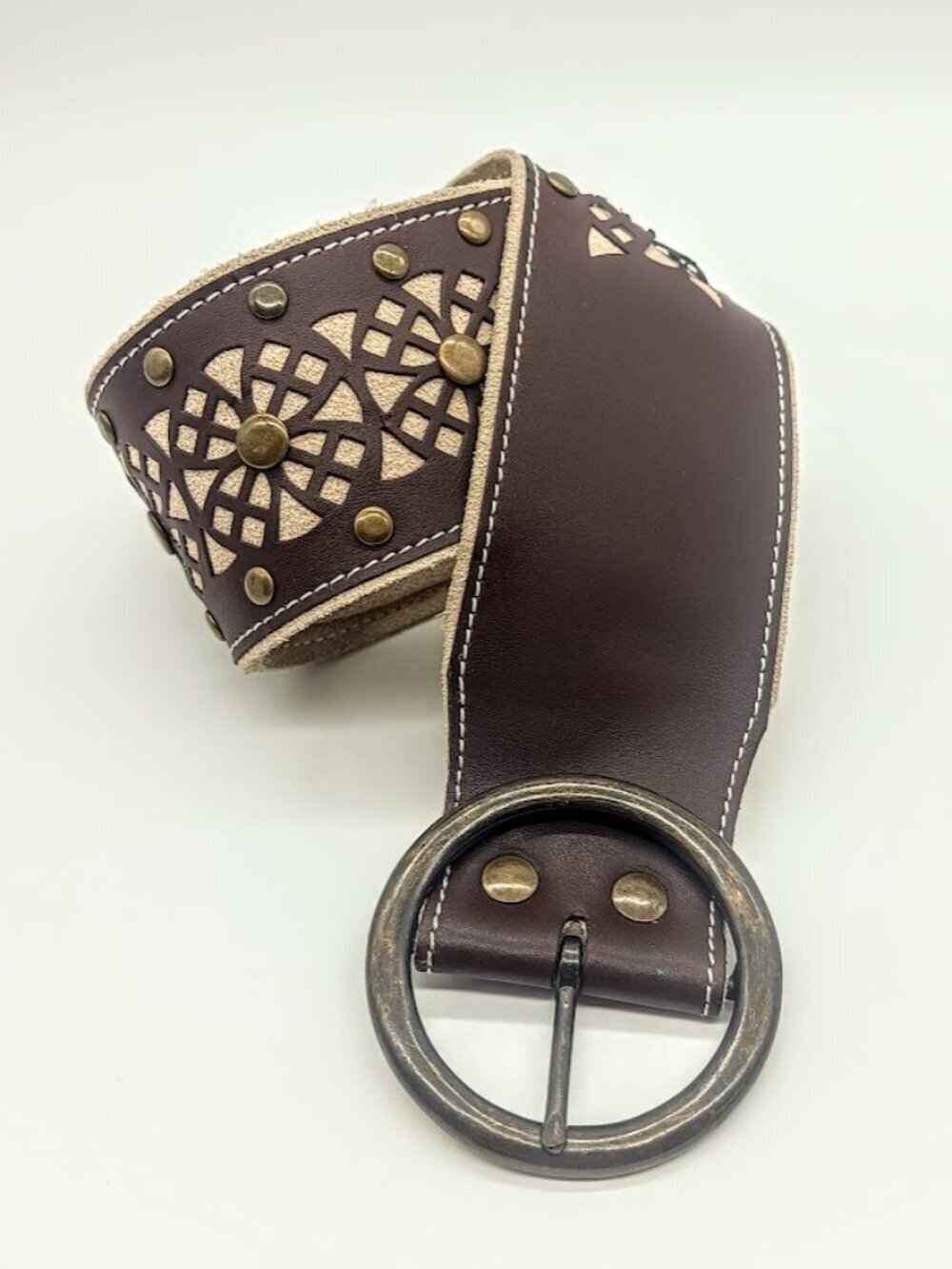 Brown Tan Suede Laser-Cut Brass Studded Wide Leather Belt